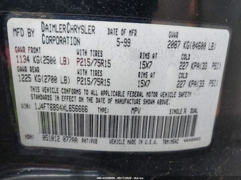 1999 Jeep Cherokee Classic/Sport VIN: 1J4FT68S4XL656666 Lot: 43226508