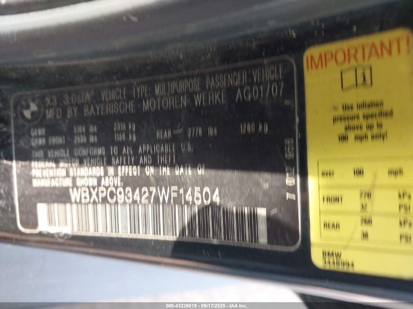2007 BMW X3 3.0Si VIN: WBXPC93427WF14504 Lot: 43226519