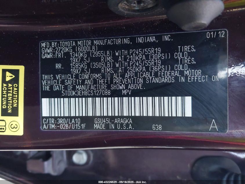 2012 Toyota Highlander Limited V6 VIN: 5TDDK3EH8CS127088 Lot: 43226529