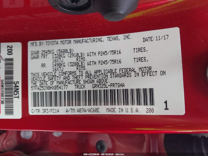 2017 Toyota Tacoma Sr5 V6 VIN: 5TFAZ5CN8HX054177 Lot: 43226546