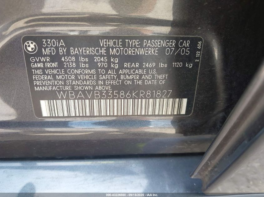 2006 BMW 330I VIN: WBAVB33586KR81827 Lot: 43226560