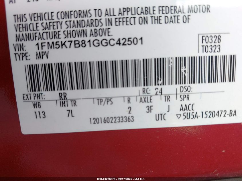 2016 Ford Explorer VIN: 1FM5K7B81GGC42501 Lot: 43226576