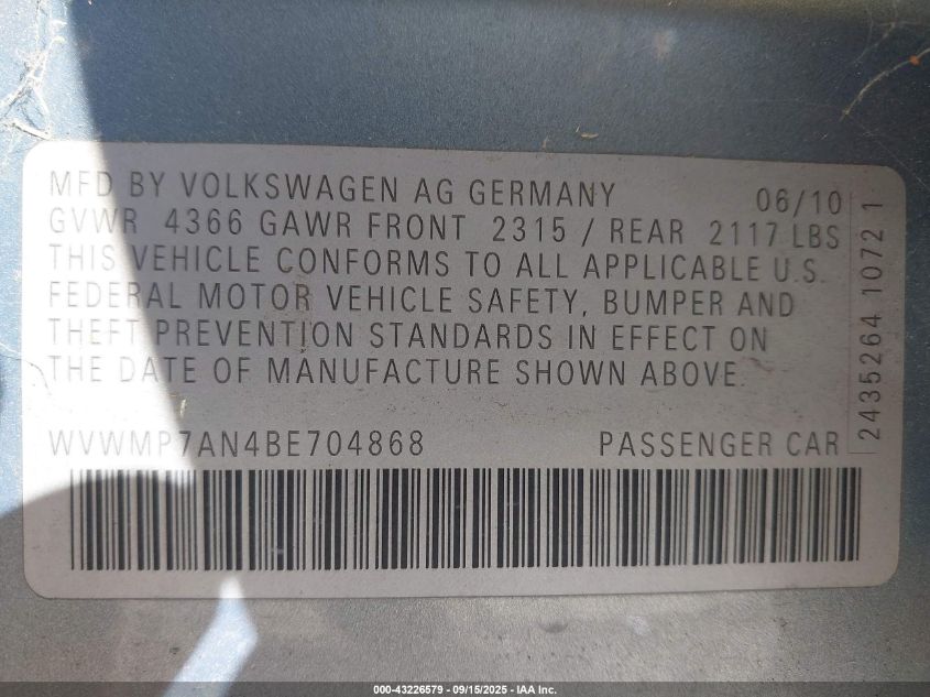 2011 Volkswagen Cc Sport VIN: WVWMP7AN4BE704868 Lot: 43226579