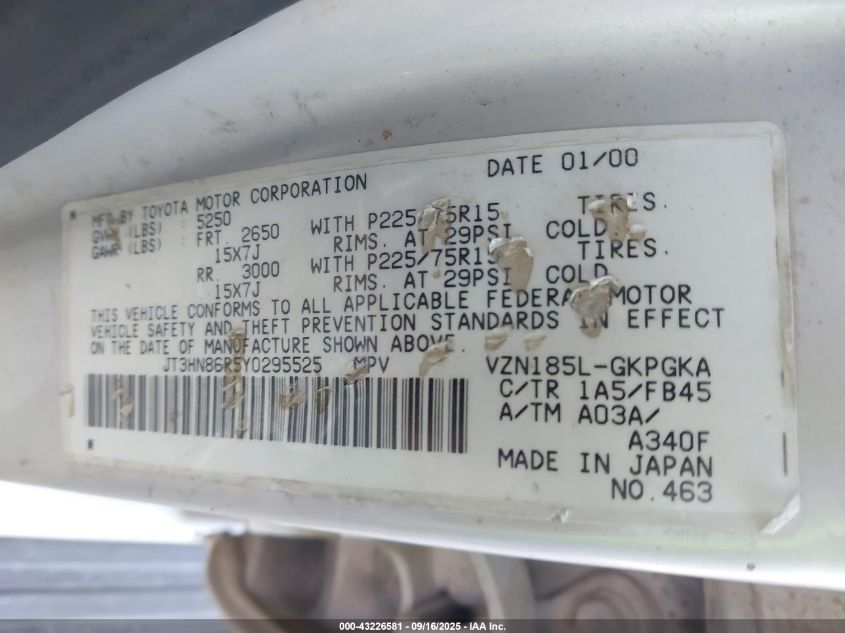 2000 Toyota 4Runner Sr5 V6 VIN: JT3HN86R5Y0295525 Lot: 43226581