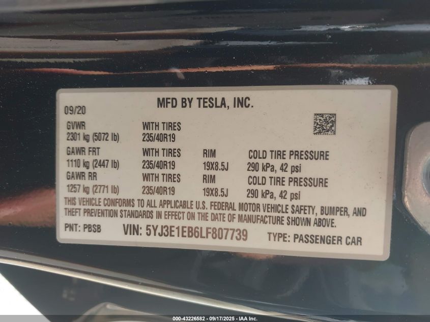 2020 Tesla Model 3 Long Range Dual Motor All-Wheel Drive VIN: 5YJ3E1EB6LF807739 Lot: 43226582