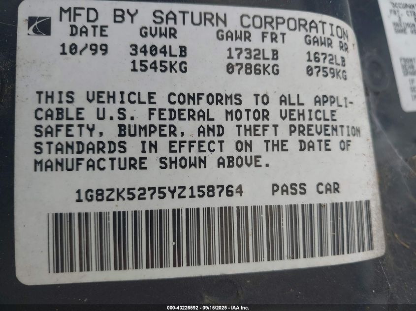 2000 Saturn Sl2 VIN: 1G8ZK5275YZ158764 Lot: 43226592
