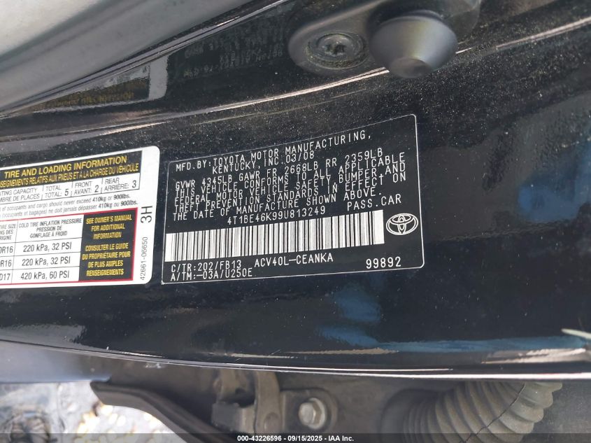 2009 Toyota Camry Le VIN: 4T1BE46K99U813249 Lot: 43226596