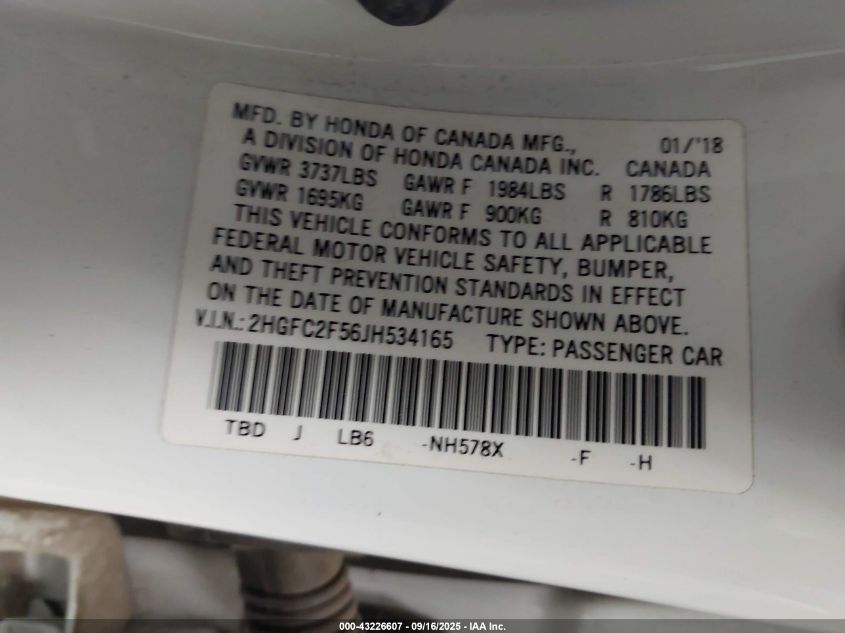 2018 Honda Civic Lx VIN: 2HGFC2F56JH534165 Lot: 43226607