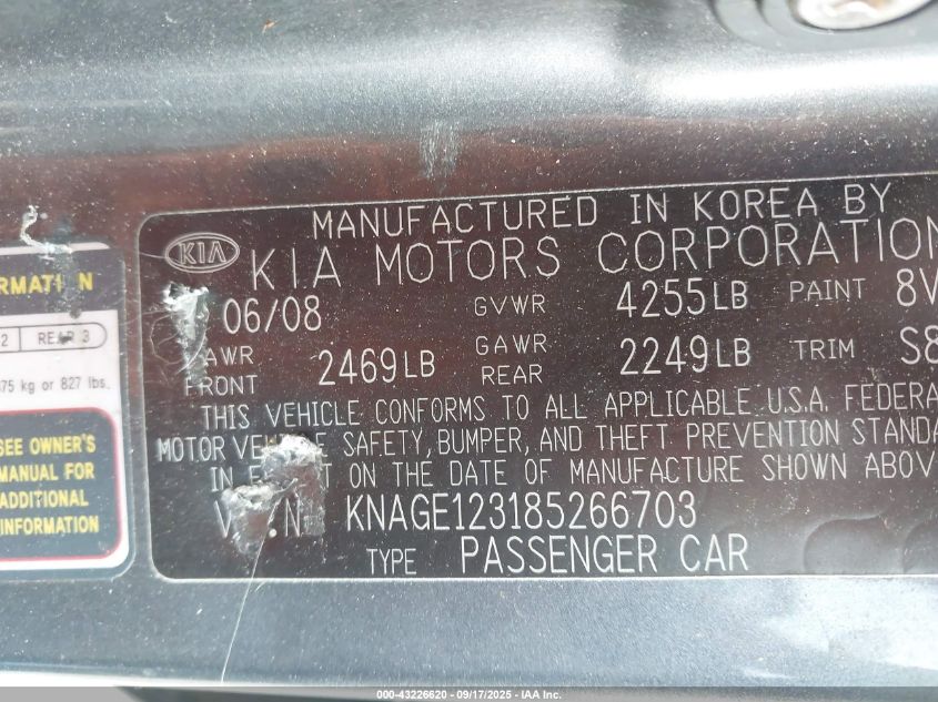 2008 Kia Optima Lx VIN: KNAGE123185266703 Lot: 43226620