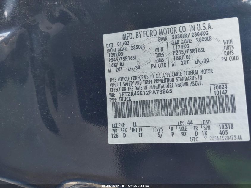 2002 Ford Ranger Edge/Xlt VIN: 1FTZR45E12PA73865 Lot: 43226669