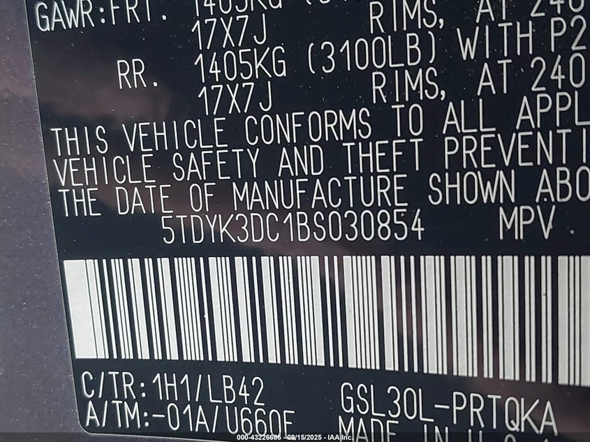 2011 Toyota Sienna Xle V6 VIN: 5TDYK3DC1BS030854 Lot: 43226686