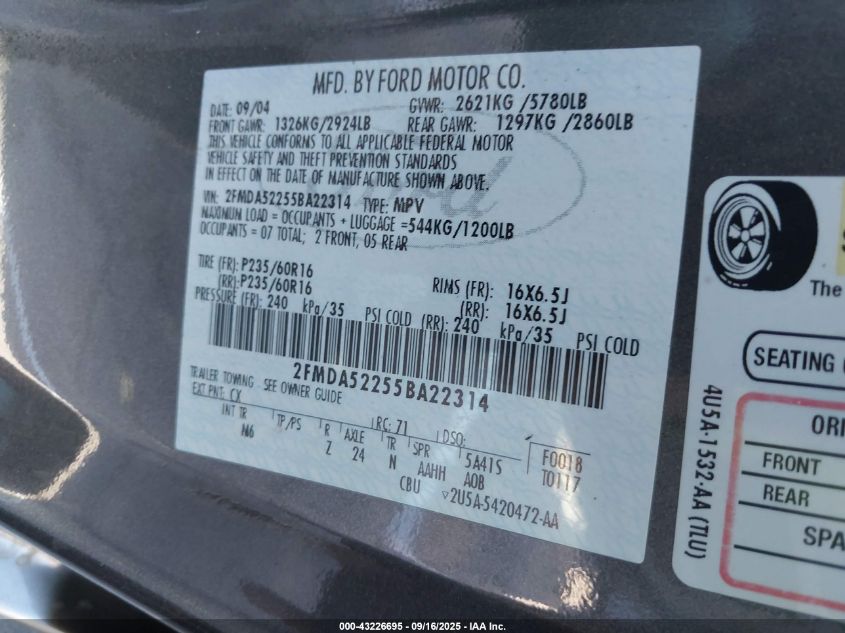 2005 Ford Freestar Sel VIN: 2FMDA52255BA22314 Lot: 43226695