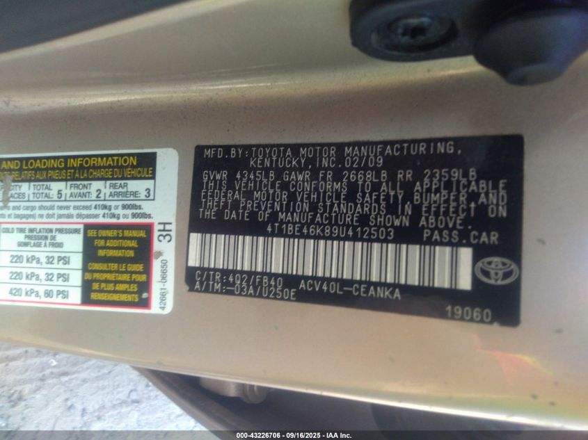 2009 Toyota Camry Le VIN: 4T1BE46K89U412503 Lot: 43226706