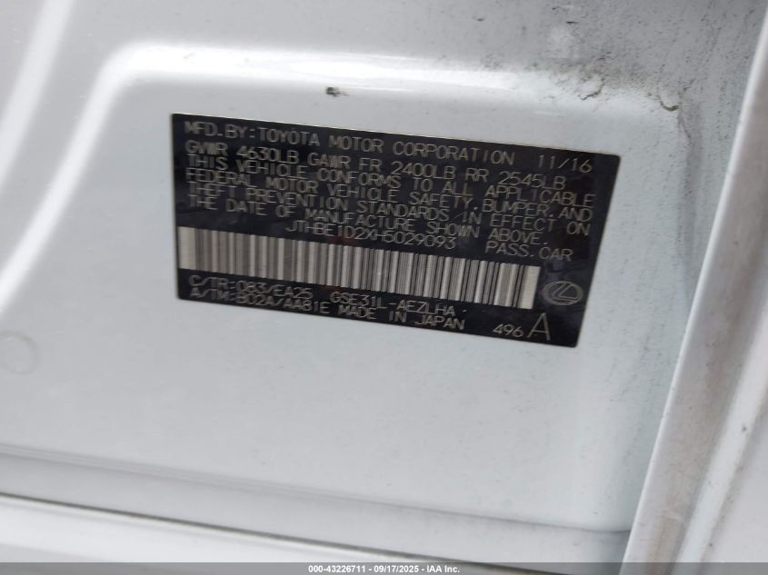 2017 Lexus Is 350 VIN: JTHBE1D2XH5029093 Lot: 43226711