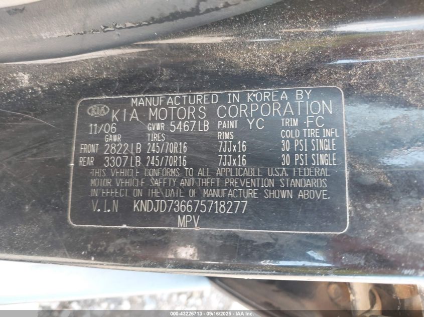 2007 Kia Sorento Ex VIN: KNDJD736675718277 Lot: 43226713