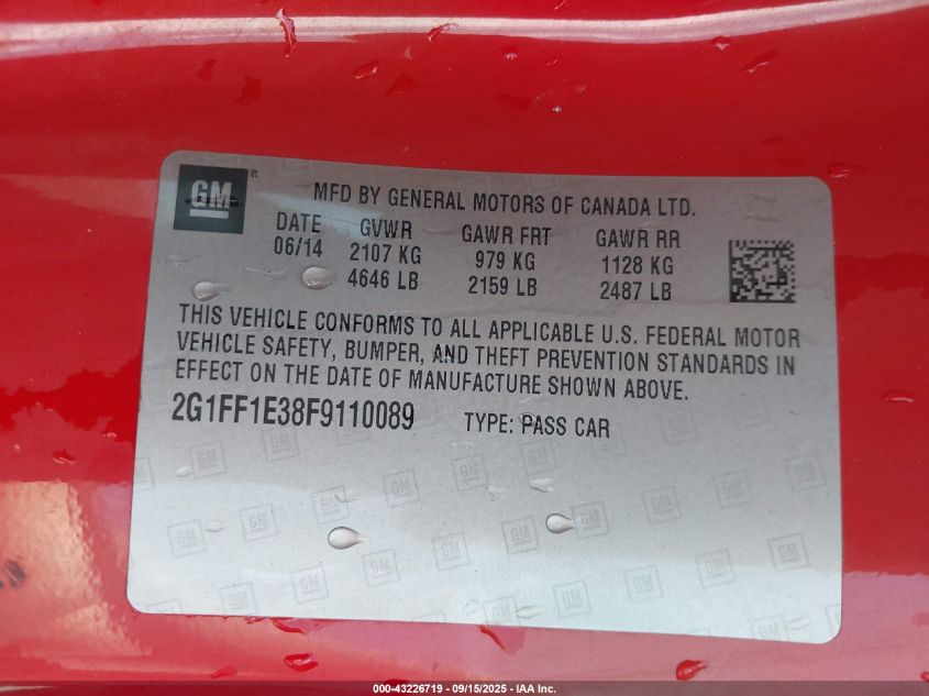 2015 Chevrolet Camaro 2Lt VIN: 2G1FF1E38F9110089 Lot: 43226719