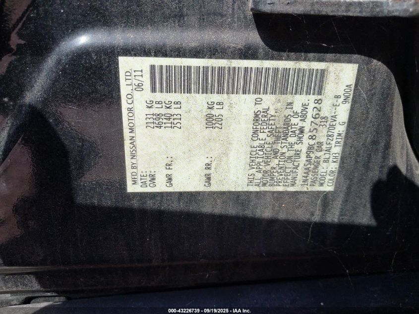 2011 Nissan Maxima 3.5 Sv VIN: 1N4AA5AP9BC857628 Lot: 43226739