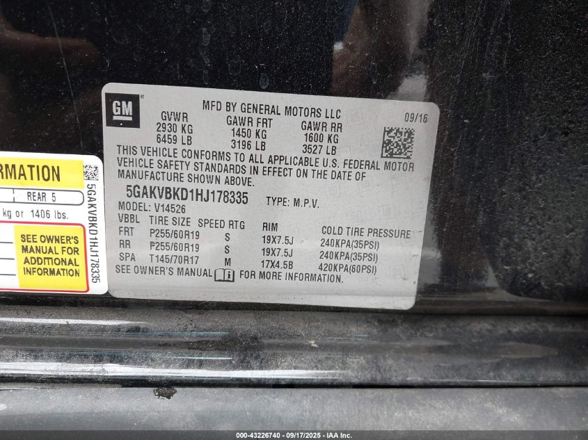 2017 Buick Enclave Leather VIN: 5GAKVBKD1HJ178335 Lot: 43226740