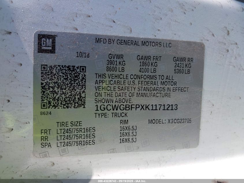 2019 Chevrolet Express 2500 Work Van VIN: 1GCWGBFPXK1171213 Lot: 43226743