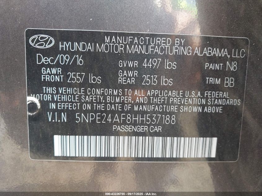 2017 Hyundai Sonata VIN: 5NPE24AF8HH537188 Lot: 43226755