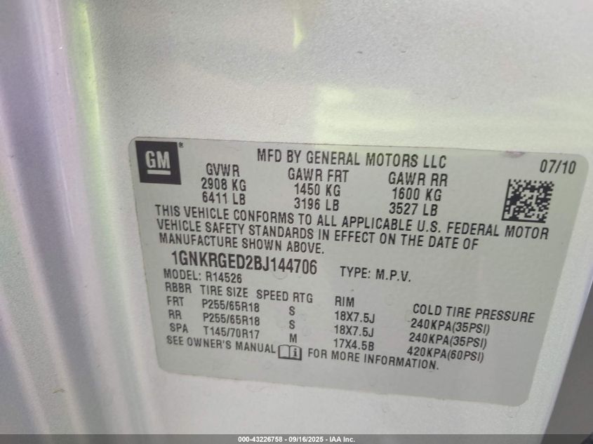 2011 Chevrolet Traverse 1Lt VIN: 1GNKRGED2BJ144706 Lot: 43226758