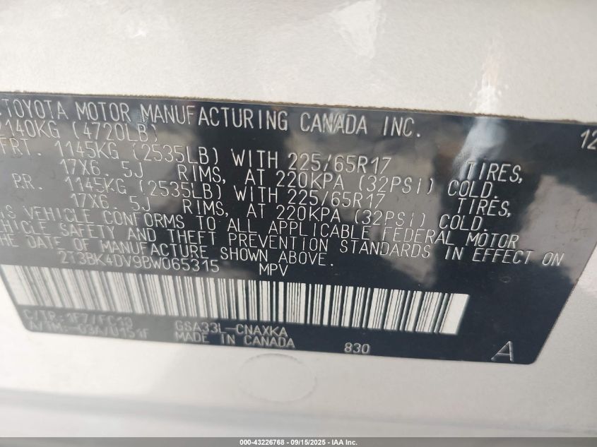 2011 Toyota Rav4 Base V6 VIN: 2T3BK4DV9BW065315 Lot: 43226768