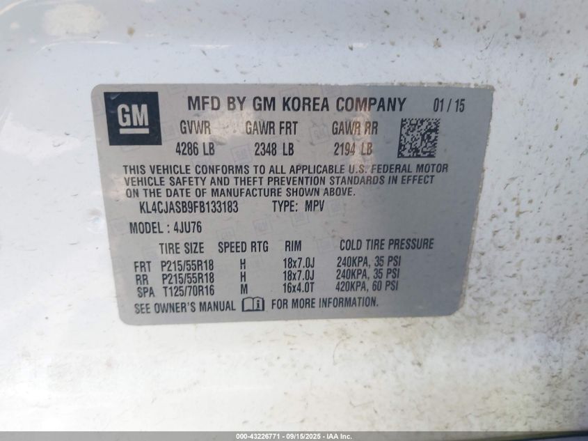 2015 Buick Encore VIN: KL4CJASB9FB133183 Lot: 43226771