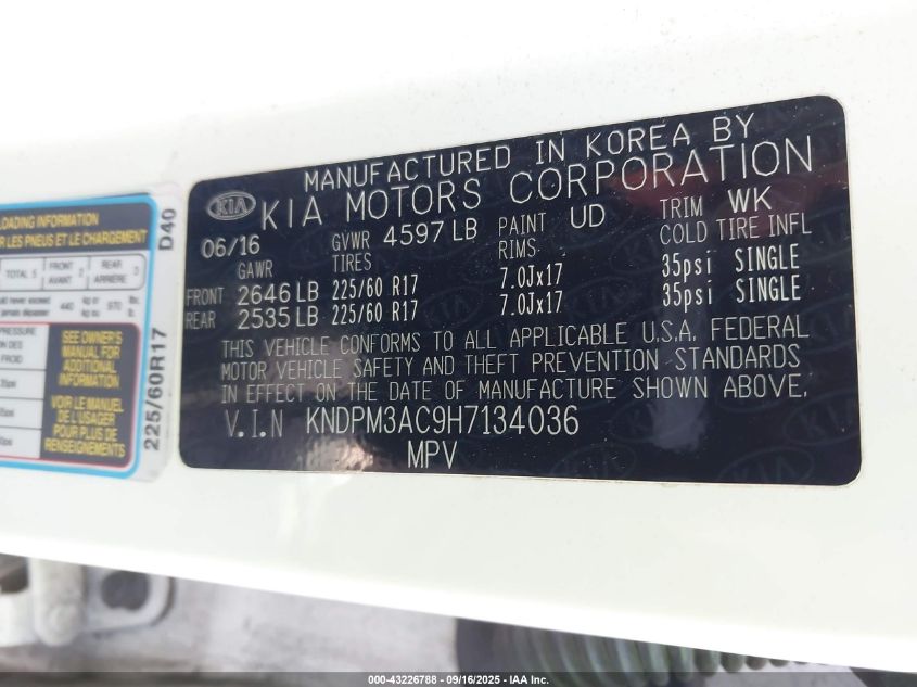 2017 Kia Sportage Lx VIN: KNDPM3AC9H7134036 Lot: 43226788
