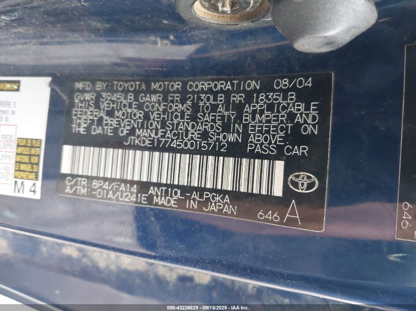 2005 Scion Tc VIN: JTKDE177450015712 Lot: 43226829