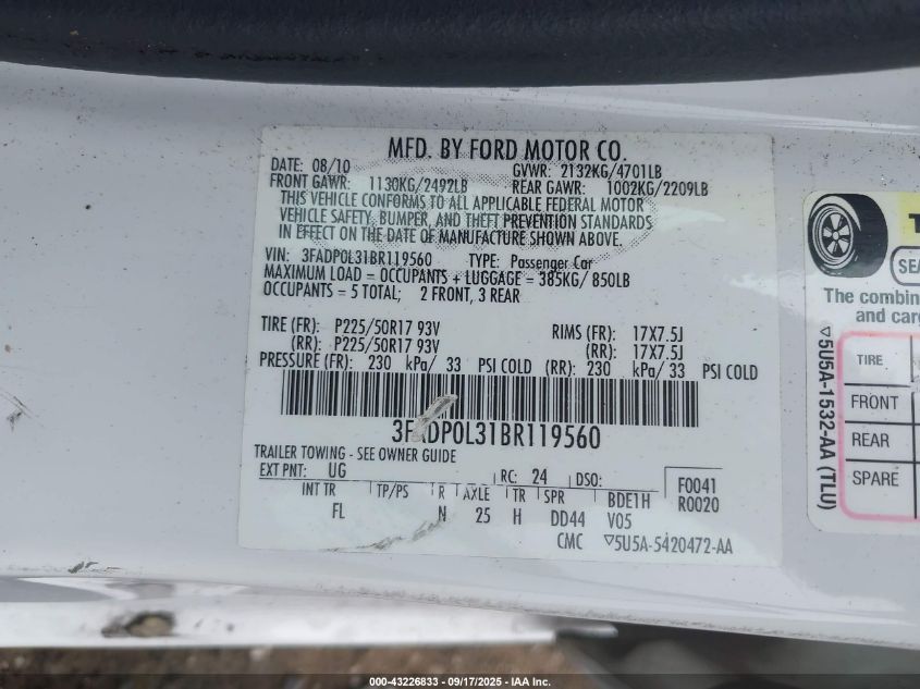 2011 Ford Fusion Hybrid VIN: 3FADP0L31BR119560 Lot: 43226833