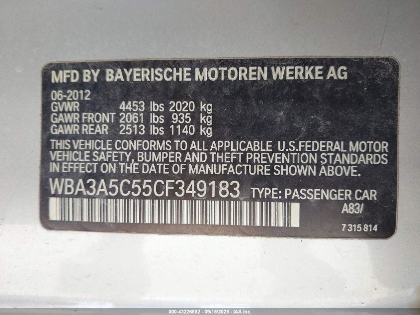 2012 BMW 328I VIN: WBA3A5C55CF349183 Lot: 43226852