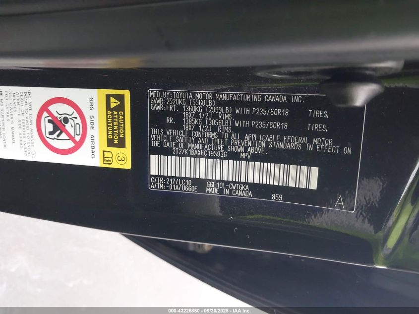 2015 Lexus Rx 350 VIN: 2T2ZK1BAXFC195936 Lot: 43226860