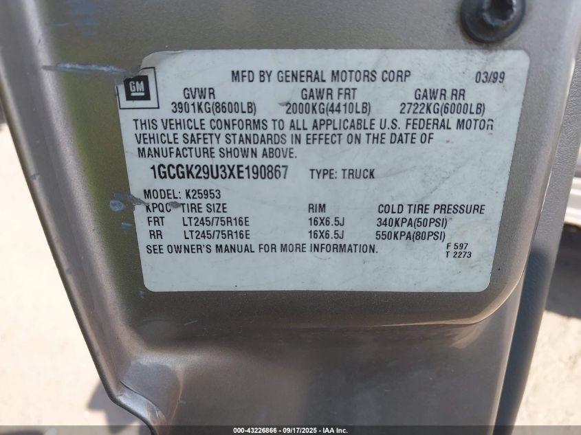 1999 Chevrolet Silverado 2500 Ls VIN: 1GCGK29U3XE190867 Lot: 43226866
