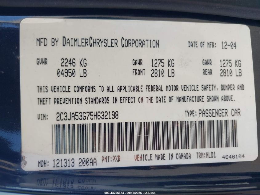 2005 Chrysler 300 VIN: 23CJA53G75H632198 Lot: 43226874