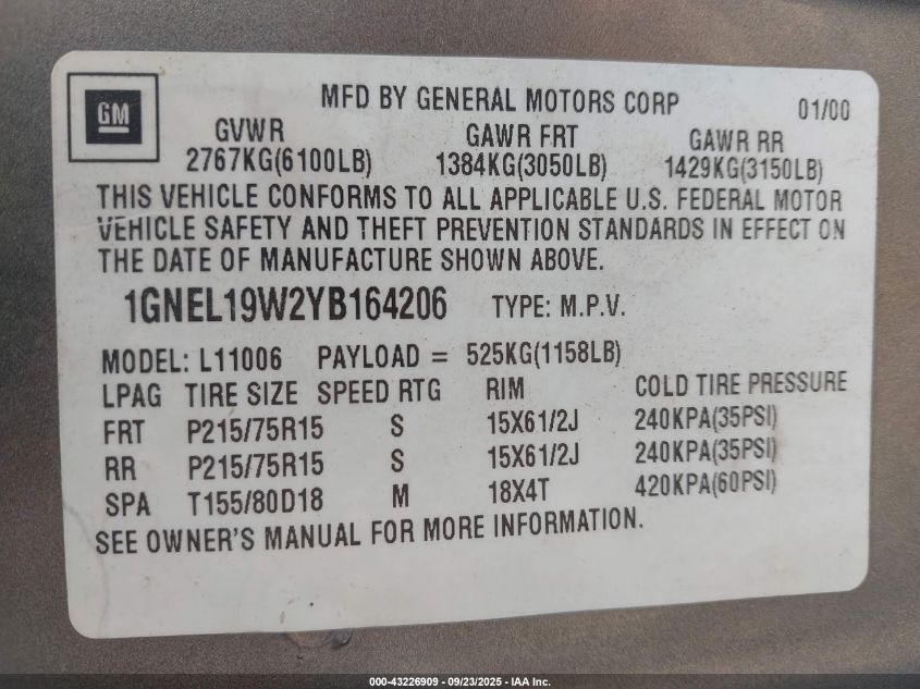 2000 Chevrolet Astro VIN: 1GNEL19W2YB164206 Lot: 43226909