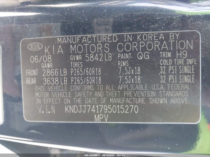 2009 Kia Borrego Ex V6 VIN: KNDJJ741795015270 Lot: 43226917