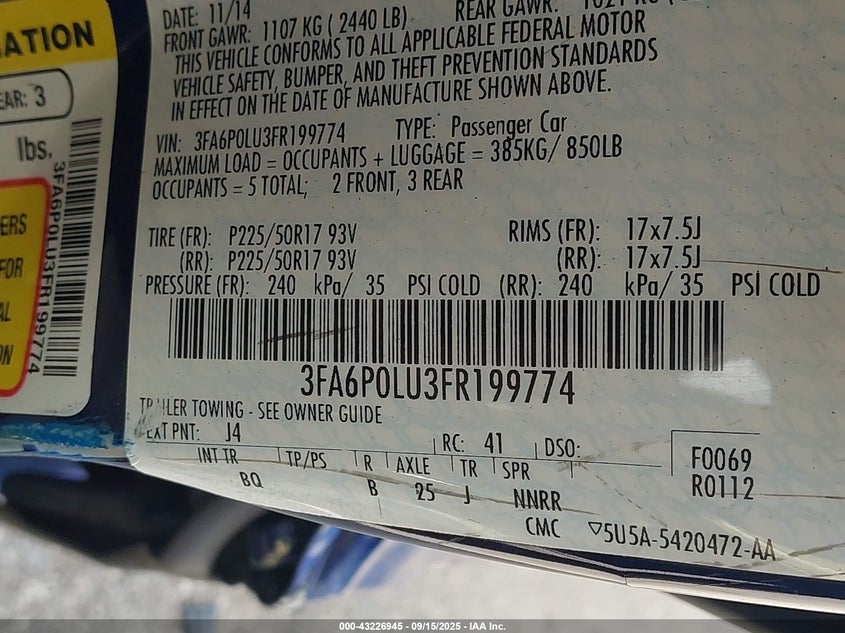 2015 FORD FUSION HYBRID SE - 3FA6P0LU3FR199774