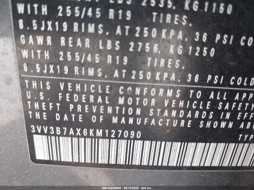 2019 Volkswagen Tiguan 2.0T Se/2.0T Sel/2.0T Sel R-Line/2.0T Sel R-Line Black VIN: 3VV3B7AX6KM127090 Lot: 43226958