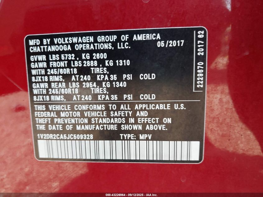 2018 Volkswagen Atlas 3.6L V6 Se/3.6L V6 Se W/Technology VIN: 1V2DR2CA5JC509328 Lot: 43226964