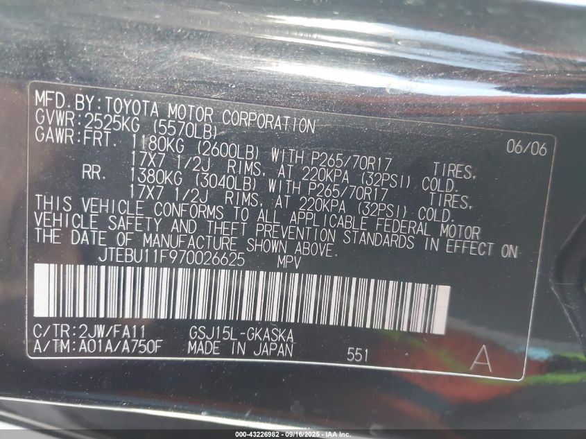 2007 Toyota Fj Cruiser VIN: JTEBU11F970026625 Lot: 43226982