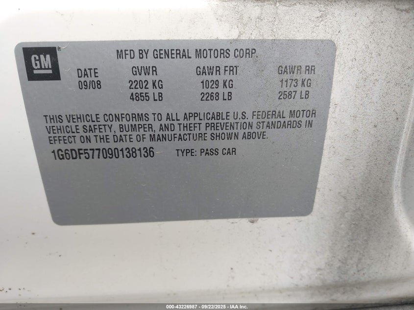2009 Cadillac Cts Standard VIN: 1G6DF577090138136 Lot: 43226987