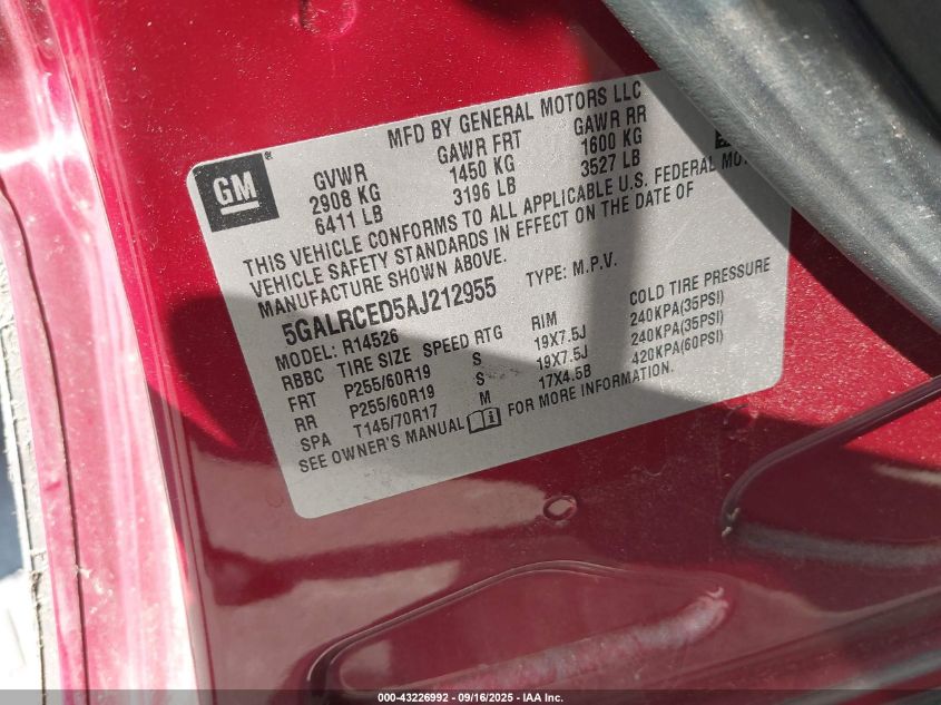 2010 Buick Enclave 2Xl VIN: 5GALRCED5AJ212955 Lot: 43226992