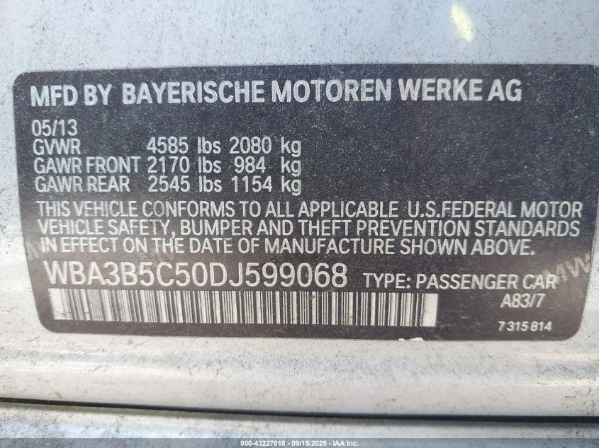 2013 BMW 328I xDrive VIN: WBA3B5C50DJ599068 Lot: 43227018