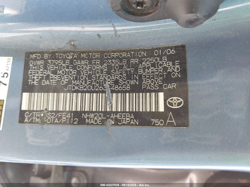 2006 Toyota Prius VIN: JTDKB20U263148658 Lot: 43227036