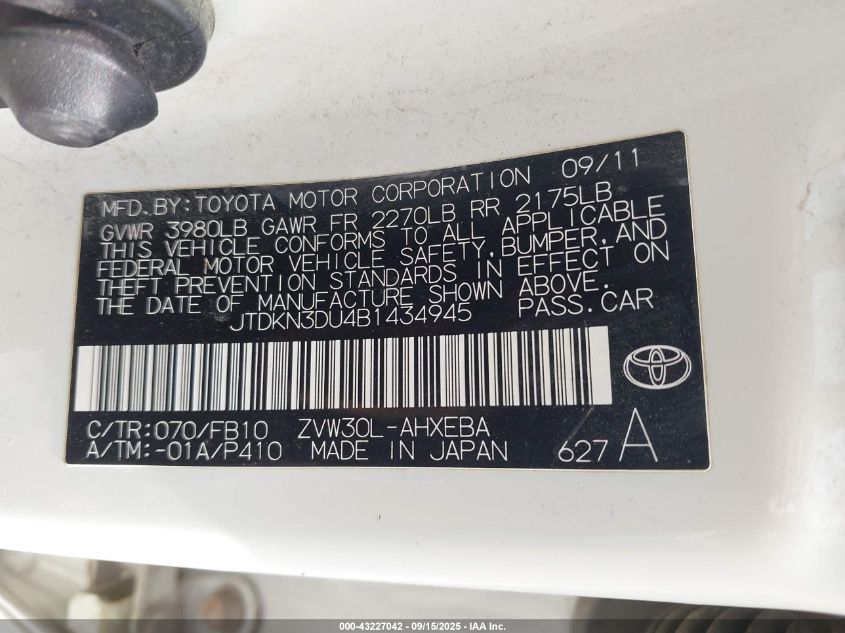 2011 Toyota Prius Two VIN: JTDKN3DU4B1434945 Lot: 43227042