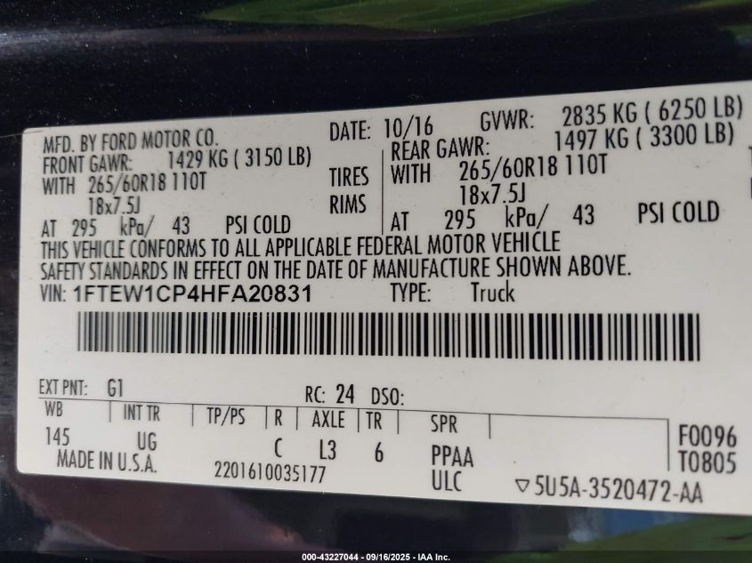 2017 Ford F-150 Xlt VIN: 1FTEW1CP4HFA20831 Lot: 43227044