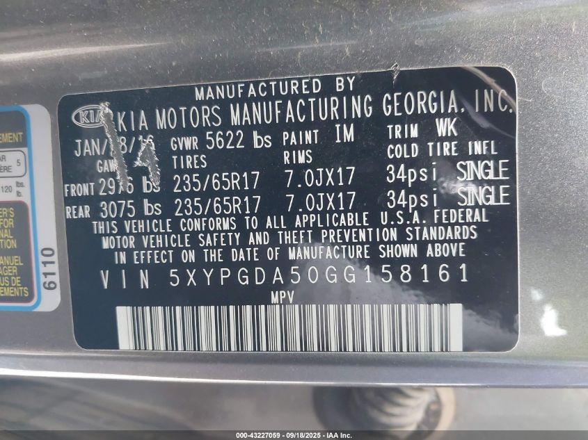 2016 Kia Sorento 3.3L Lx VIN: 5XYPGDA50GG158161 Lot: 43227059