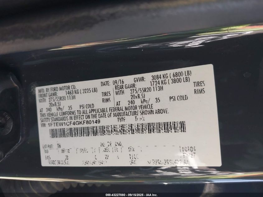 2016 Ford F-150 Xlt VIN: 1FTEW1CF4GKF80149 Lot: 43227080