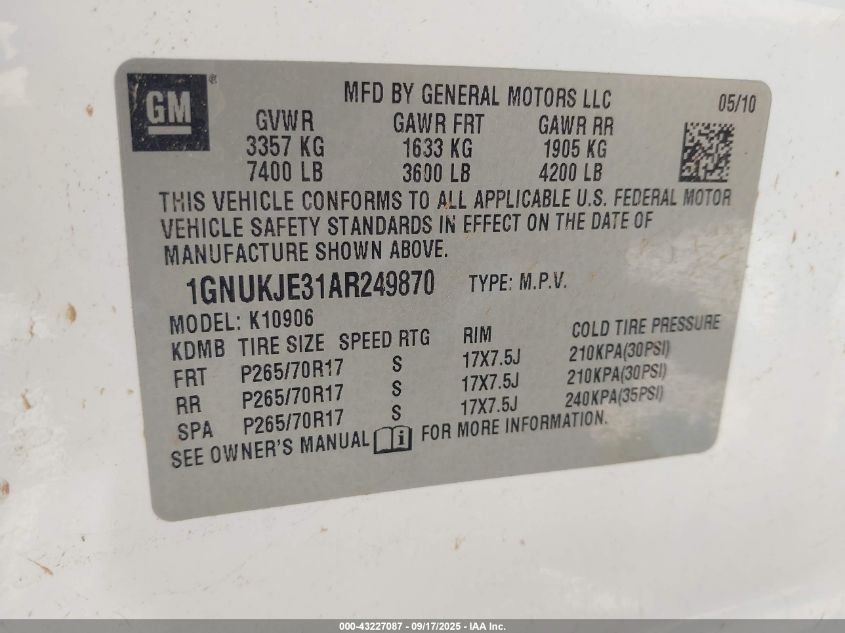 2010 Chevrolet Suburban 1500 Lt1 VIN: 1GNUKJE31AR249870 Lot: 43227087