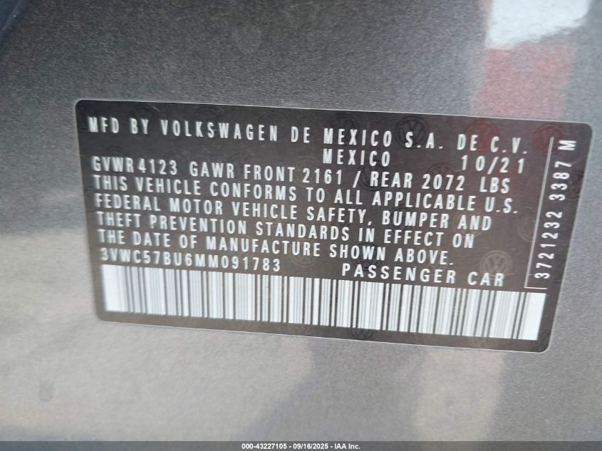 2021 Volkswagen Jetta 1.4T R-Line/1.4T S/1.4T Se VIN: 3VWC57BU6MM091783 Lot: 43227105